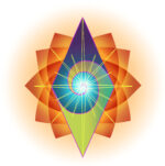 a logo with a rust colored twelve petaled lotus with a purple, teal. green vertical diamond, and a spiral into the center birthing a golden star radiating into the petals.
